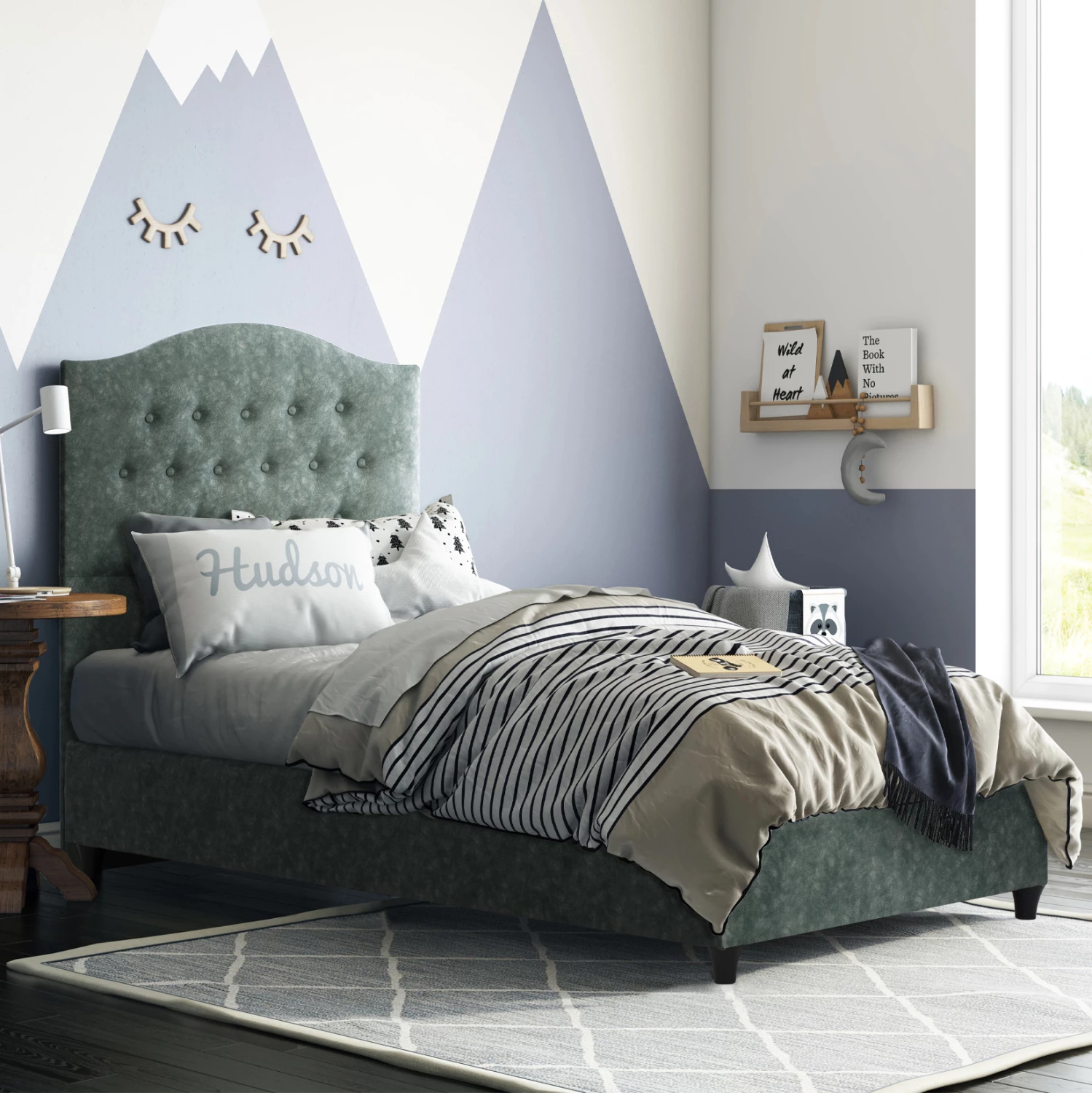 Krevet MALENA, pëlhurë e tipit Nubuck, ngjyrë e gjelbër, 90x200