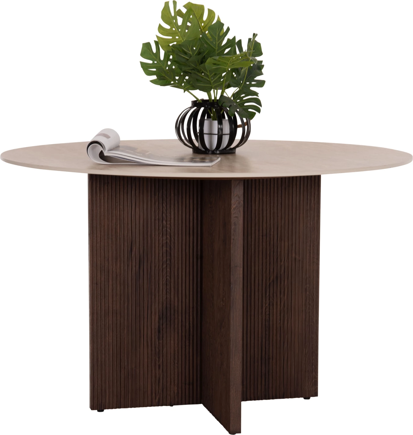 Tavolinë e rrumbullakët për ngrënie, sipërfaqe qeramike, pamje guri travertin, 120x76cm