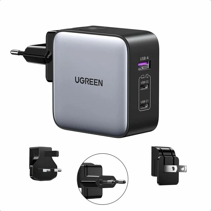 Karikues udhëtimi UGREEN Nexode 65W (MPN 90409), GaN II, PD 3.0, 2x USB-C + 1x USB-A, set adaptera EU/US/UK, zi/gri