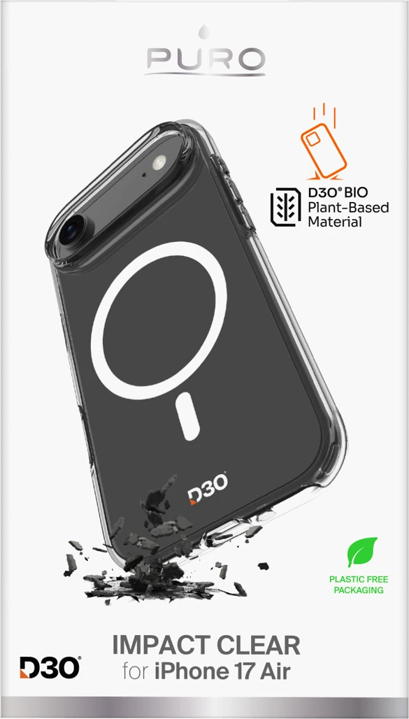 Mbështjellës Puro Impact Clear D3O për iPhone 17 Air, MagSafe, Transparent