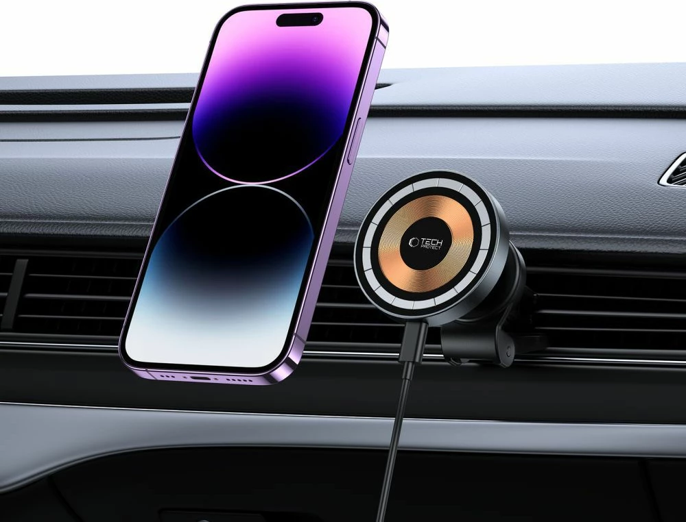 Mbajtës magnetik për celular me karikues wireless Tech-Protect MM15W-V5, për grilë ajri, 15W, i zi