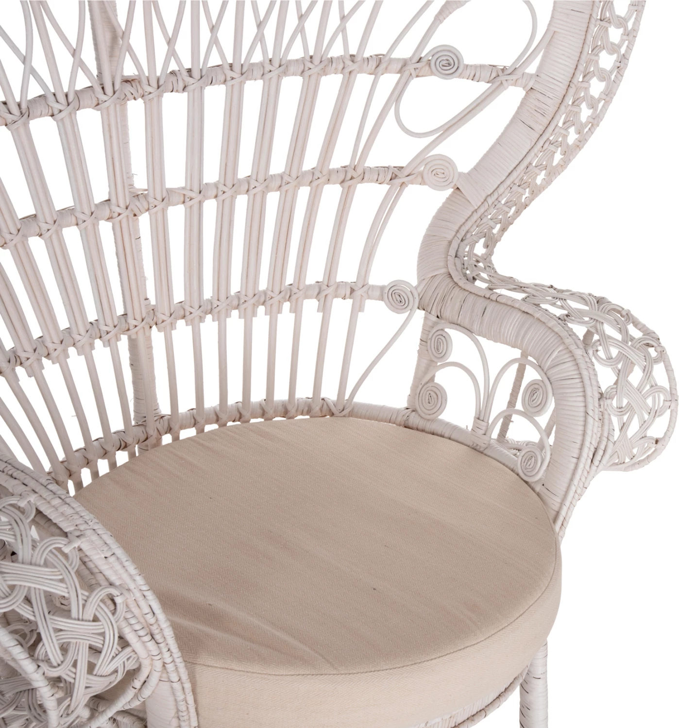 Fotelja ROYAL PEACOCK FH9342.02, ratan, ngjyrë e bardhë, jastëk i bardhë, 114x72x150Hcm