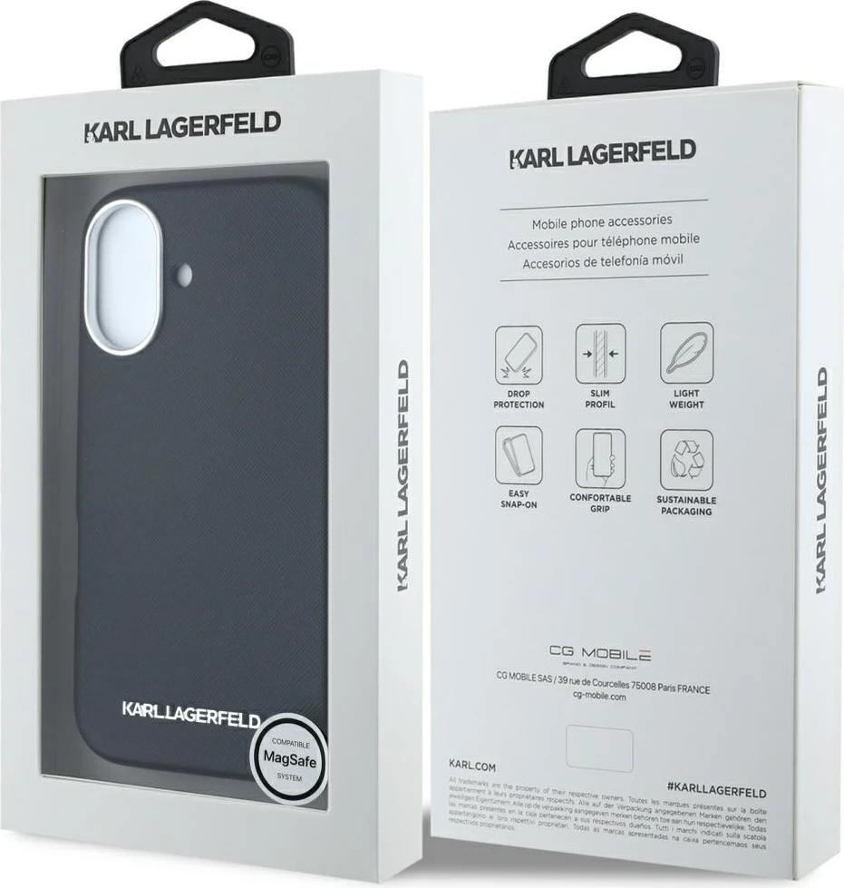 Mbështjellës Karl Lagerfeld Saffiano Full Wrapped Elongated Metal Logo MagSafe për iPhone 16, i zi