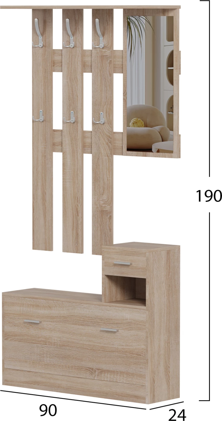 Set për hyrje me pasqyrë GORN FH2473.01 melaminë në ngjyrë Sonama 90x24x190Hcm