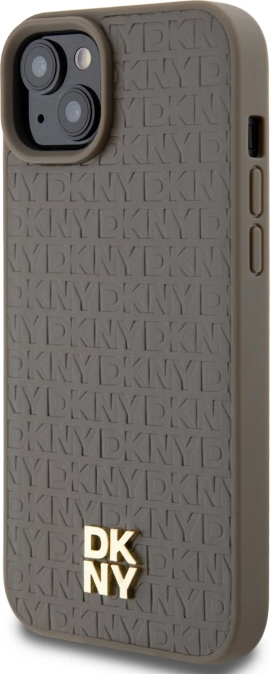 Mbështjellës DKNY Leather Pattern Metal Logo MagSafe për iPhone 15/14/13, Kafe