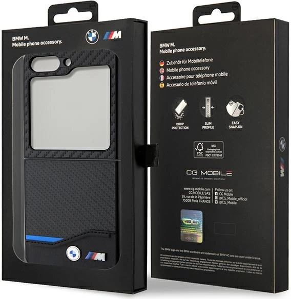 Mbështjellës BMW Leather Carbon për Samsung Galaxy Z Flip 5, i zi