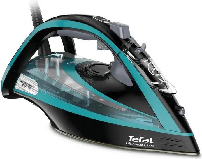 Hekur me avull, Tefal FV9844E0 3200W, sistem 2-në-1 kundër gëlqeres, taban Durilium AirGlide Autoclean, avull automatik, 60 g/min, e zezë/jeshile
