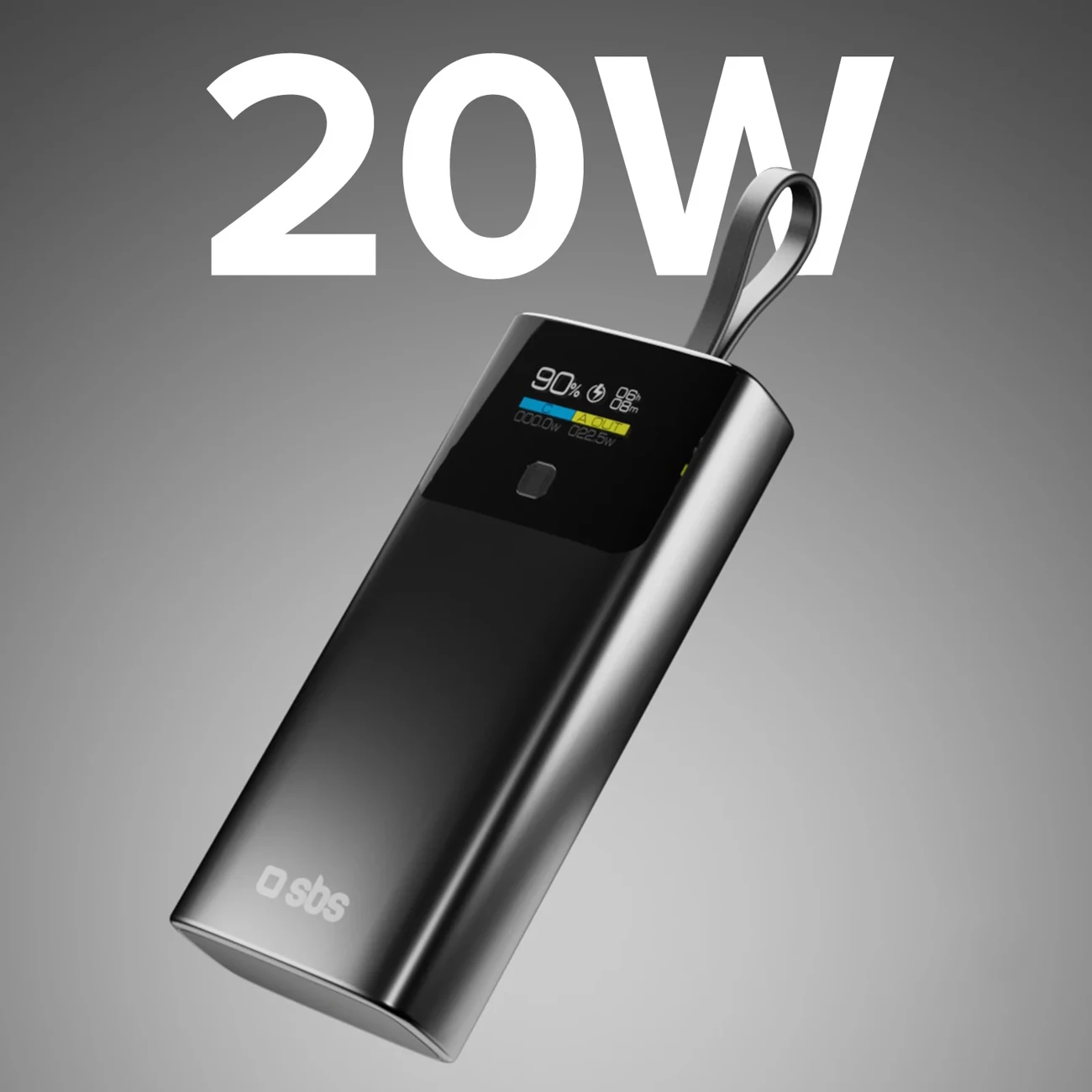 Powerbank SBS 10000mAh me LCD, PD 20W, USB-C kabllo e integrume, Gri