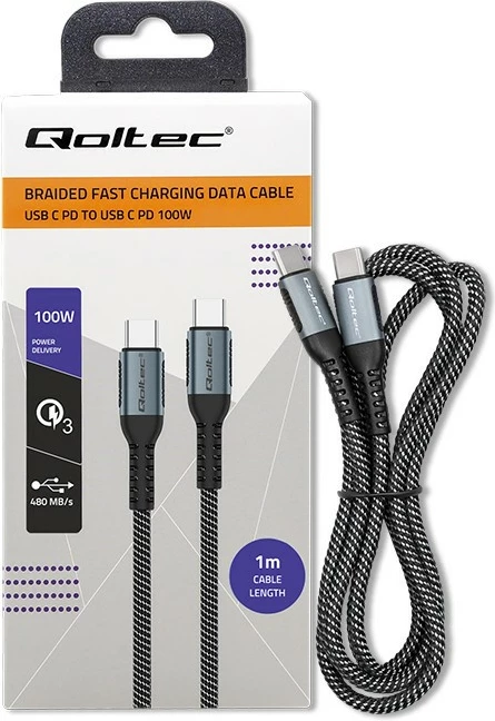 Kabllo USB Type-C Qoltec 52357, 1m, 100W, USB 2.0, QC 3.0, PD, e zezë
