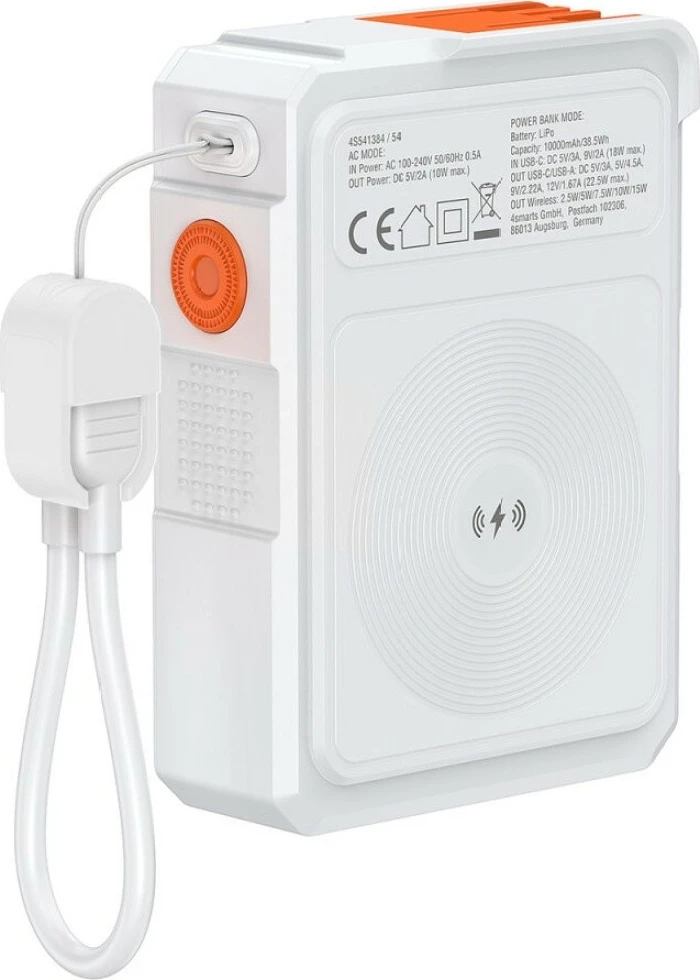 Karikues hibrid 6-në-1 4smarts KAT07417 me powerbank 10000mAh, 22.5W PD/QC, Qi, USB-C + USB-A, kabllo USB-C 12 cm, bardhë