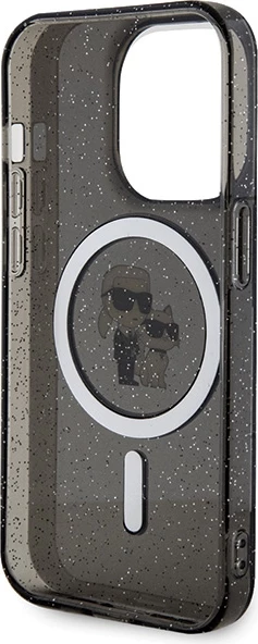 Mbështjellës Karl Lagerfeld Karl&Choupette Glitter MagSafe për iPhone 15 Pro, zi