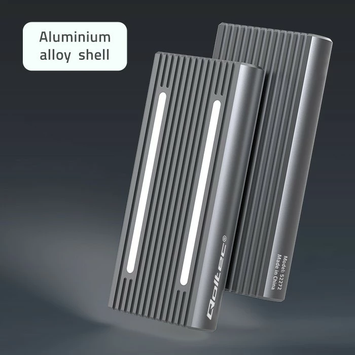 Kasë Qoltec 52272 për SSD M.2 NVMe/SATA, USB-C, 4TB, Gri me RGB LED