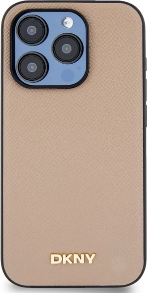 Mbështjellës DKNY Grained Metal Logo MagSafe për iPhone 15 Pro Max, Bezhe