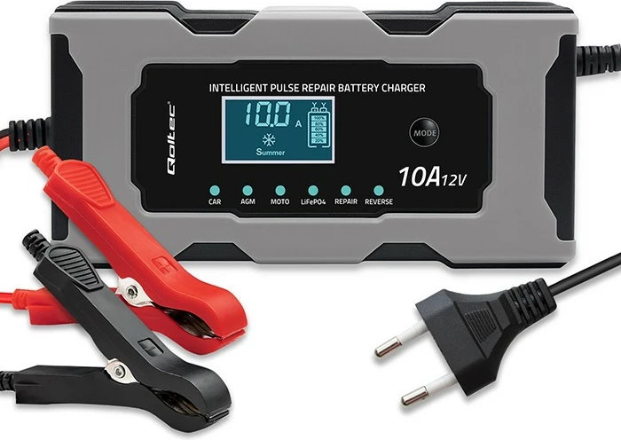 Karikues baterie mikroprocesorik, Qoltec 52493, 12V 10A, funksion riparimi, për AGM/GEL/LiFePO4, LCD, zi/gri