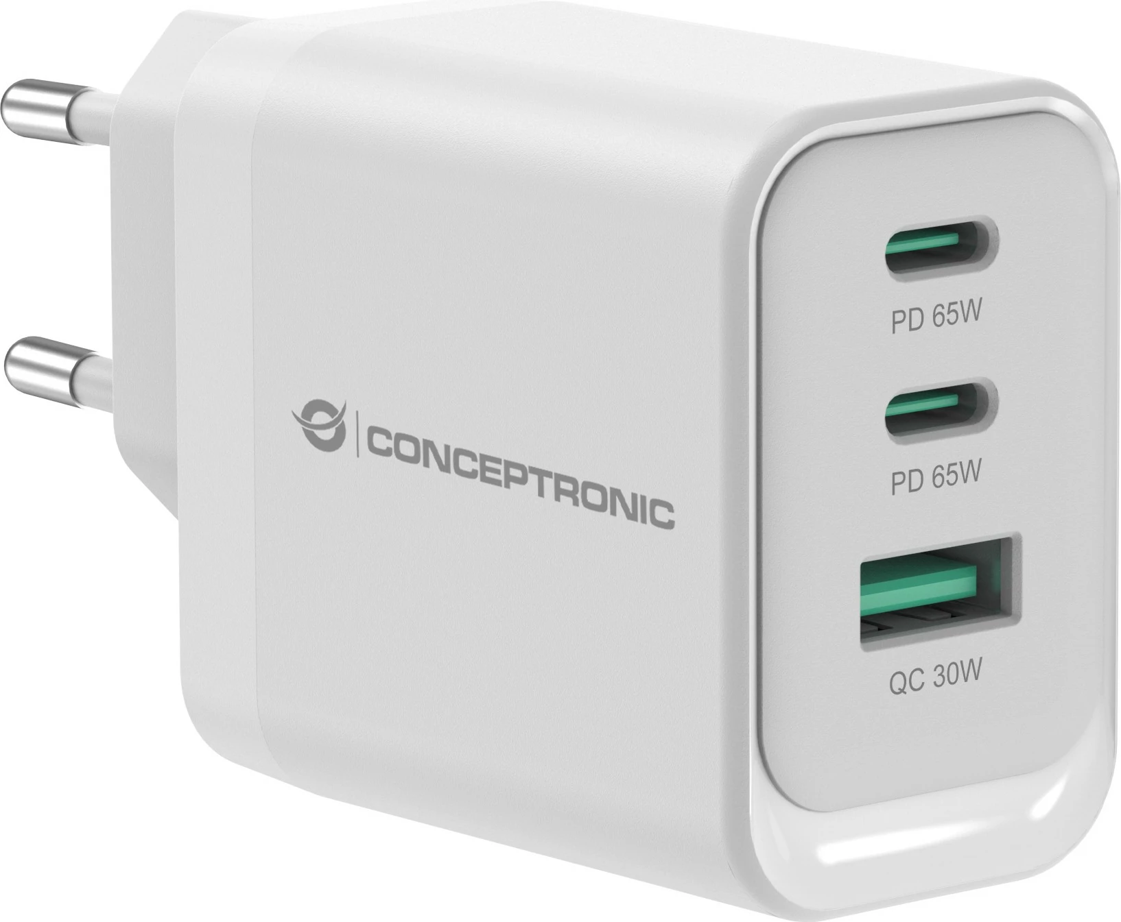 Karikues Conceptronic 3Port GaN, 2xUSB-C/1xA, 65W, i bardhë