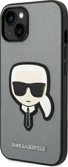 Mbështjellës Karl Lagerfeld KLHCP14MSAPKHG për iPhone 14 Plus 6.7", hardcase, Saffiano Karl's Head Patch, argjendtë