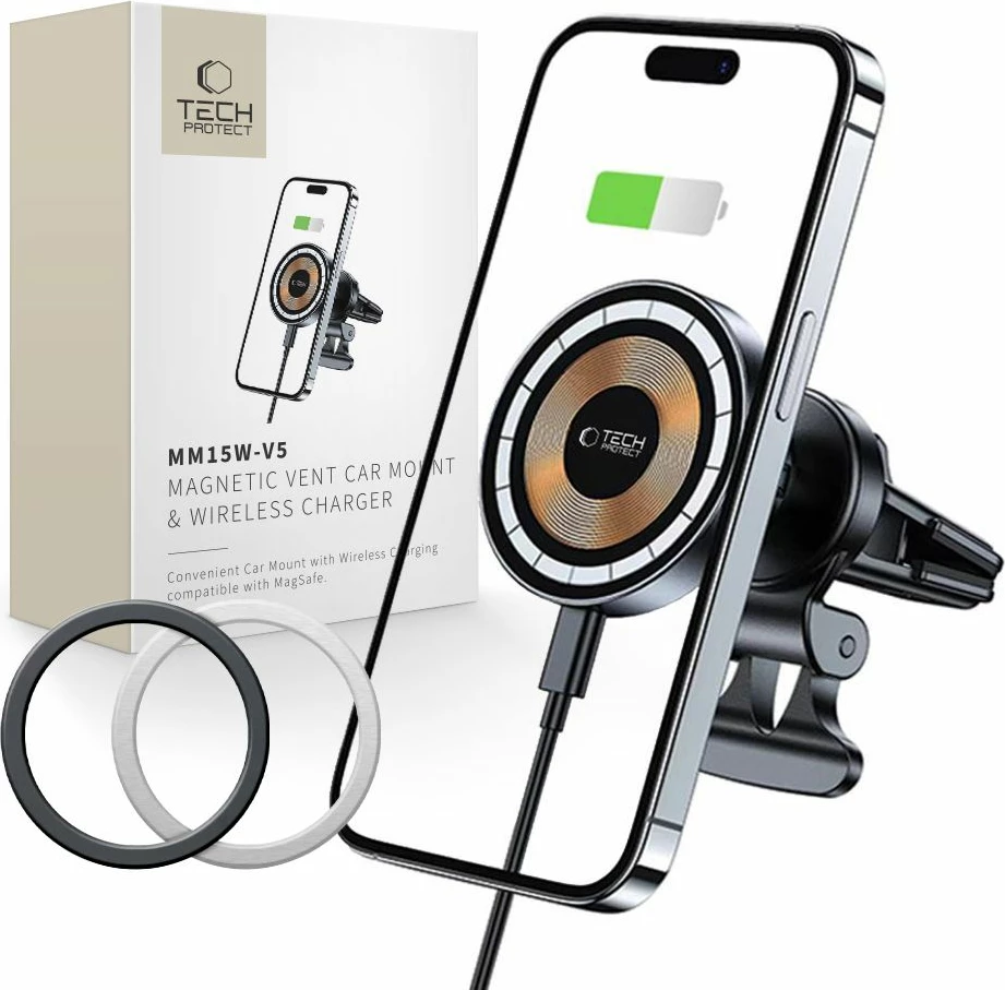 Mbajtës magnetik për celular me karikues wireless Tech-Protect MM15W-V5, për grilë ajri, 15W, i zi