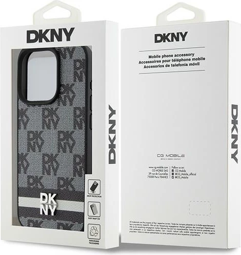 Mbështjellës DKNY Leather Checkered Mono Pattern & Printed Stripes për iPhone 15 Pro, i zi