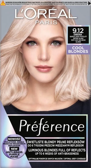 Ngjyrë për flokë për femra L'Oreal Paris Preference Cool Blondes 9.12 Siberia, 1 art