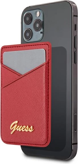 Mbështjellës kartelash Guess GUWMSSASLRE Saffiano me MagSafe, e kuqe