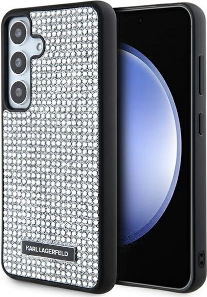 Mbështjellës Karl Lagerfeld Rhinestone Logo Metal Plate për Samsung Galaxy S24, Silver