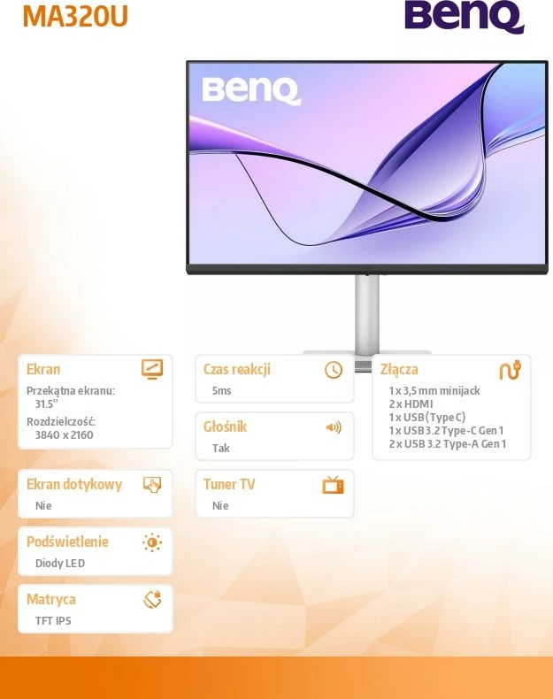 Monitor Benq MA320U, 31.5 inç, 4K UHD, IPS, 60Hz, i zi/argjendtë