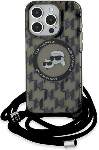 Mbështjellës Karl Lagerfeld IML Crossbody Monogram Karl & Choupette Head MagSafe për iPhone 15 Pro Max, i zi