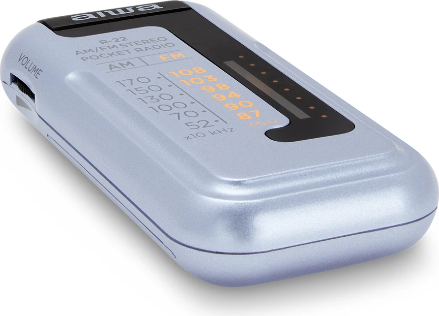 Radio portative AM/FM Aiwa R-22, HyperBASS, 3.5mm, me Kufje dhe bateri, blu e çelët