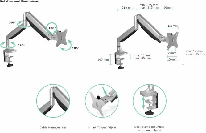 Mbajtës monitori tavoline ICYBOX IB-MS503-T deri 32", VESA 75x75/100x100, gas spring, 9 kg, argjend/e zezë