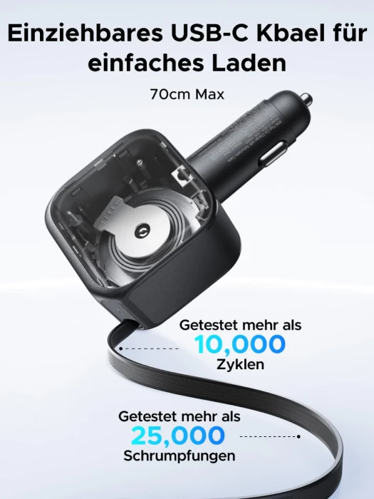 Karikues për veturë UGREEN 55212B 60W, kabllo USB-C e integrume me rrotullim 70cm, 1x USB-C + 1x USB-A, GaN, Space Grey