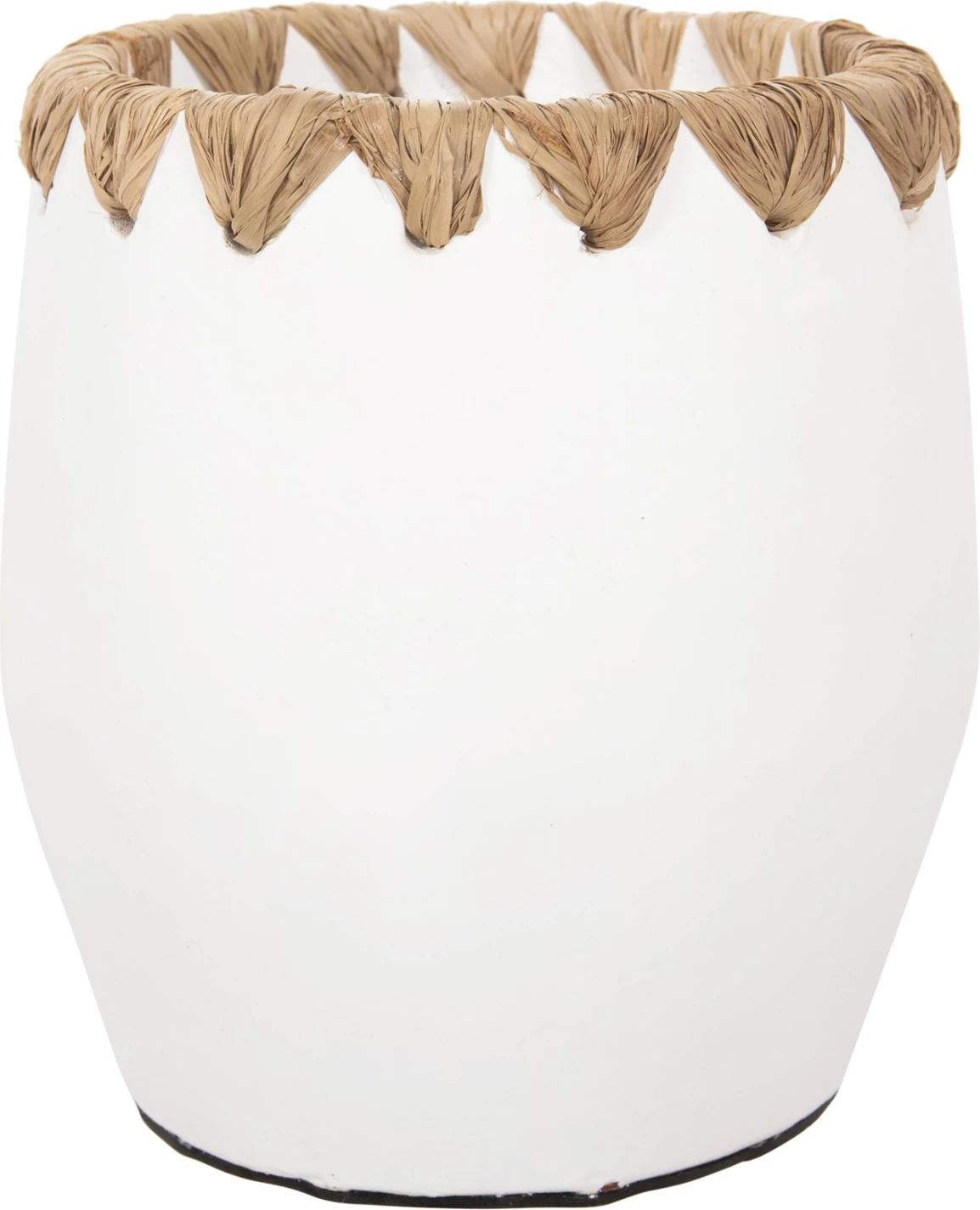 Vazo dekorative FH4369 terrakote, ngjyrë e bardhë, me thurje kashte në buzë, Φ13x16H cm
