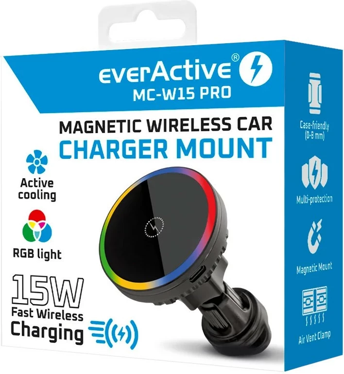 Mbajtës makine magnetik me karikues wireless MagSafe, everActive MC-W15 PRO, 15W, i zi