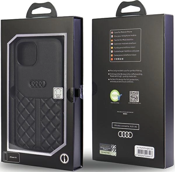 Mbështjellës Audi Genuine Leather për iPhone 14 6.1", lëkurë natyrale, zi