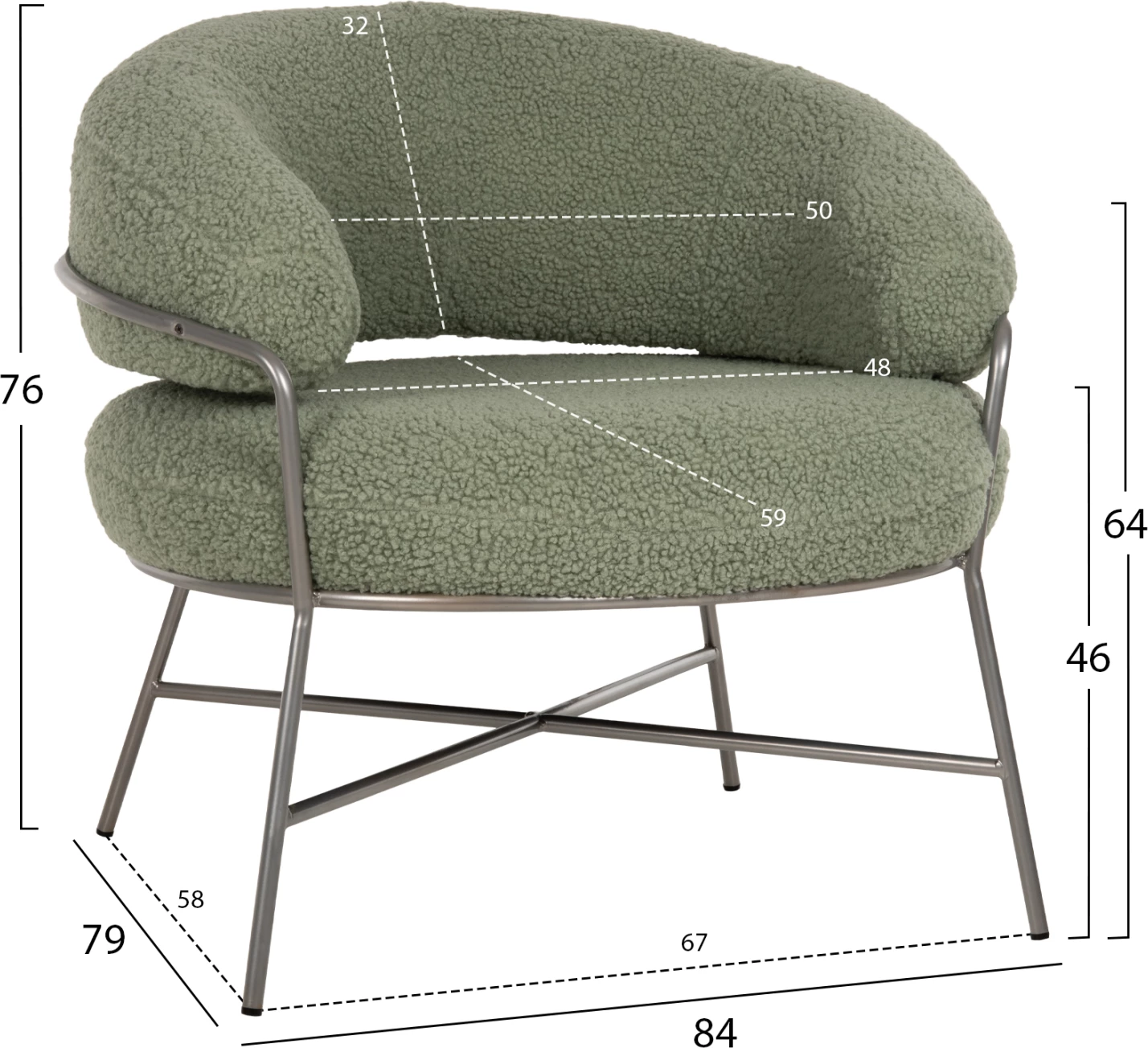 Fotelje TRUDI FH8639.27, ngjyrë fistik, pëlhurë boucle dhe kornizë metalike argjendi, 84x79x76H cm