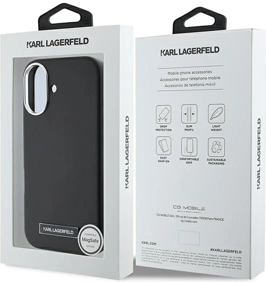 Mbështjellës Karl Lagerfeld FW Metal Plate MagSafe për iPhone 16 Plus, i zi