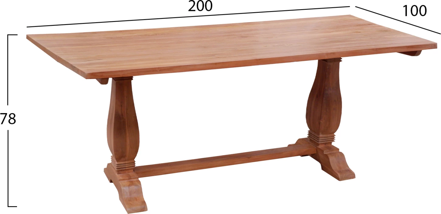 Tavolinë ngrënieje, këmbë të gdhendura, dru tik, 200x100x78 cm