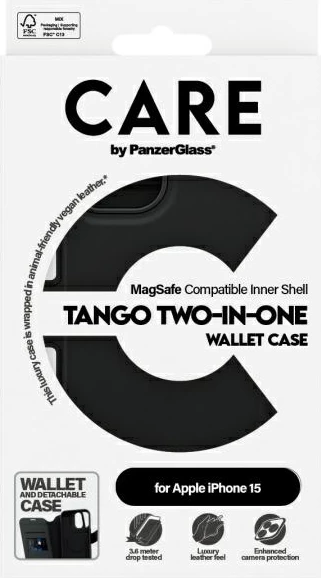 Mbështjellës PanzerGlass CARE Tango 2in1 me MagSafe për iPhone 15, i zi