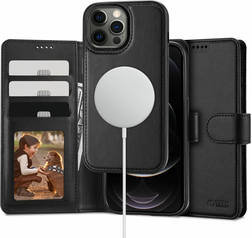 Mbështjellës Tech-Protect Wallet MagSafe për iPhone 12 / 12 Pro, eko lëkurë, i zi
