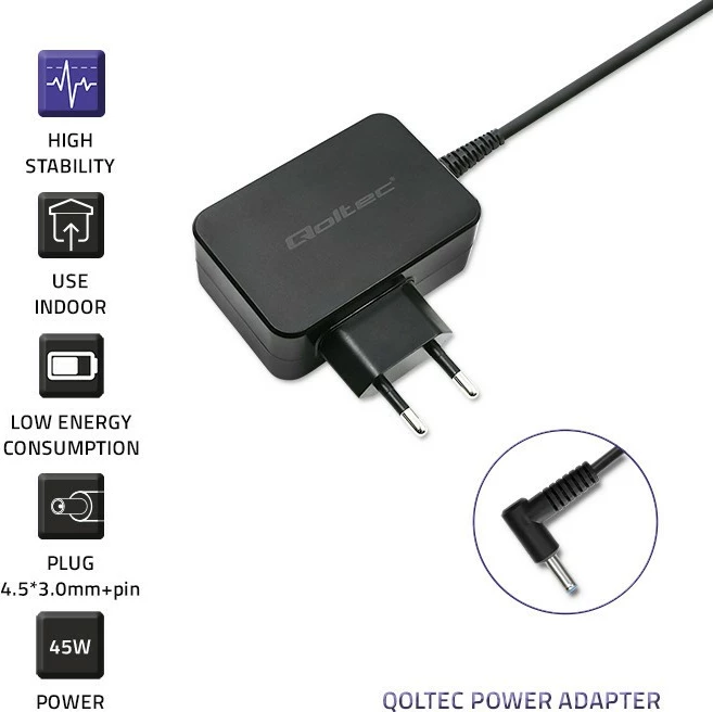 Adapter rryme për ultrabook Qoltec 51033, 45W, 19.5V, 2.31A, 4.5x3.0+pin, i zi