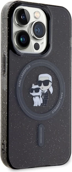 Mbështjellës Karl Lagerfeld Karl&Choupette Glitter MagSafe për iPhone 15 Pro, zi