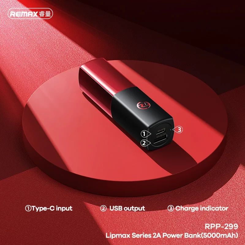 Power Bank në formë buzëkuqi Remax RPP-299, 5000 mAh, me 2 porta për USB, e kuqe