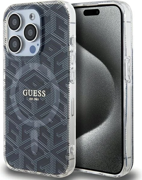 Mbështjellës Guess IML GCube MagSafe për iPhone 15 Pro Max, i zi