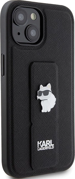 Mbështjellës Karl Lagerfeld Gripstand Saffiano Choupette Pins për iPhone 15 Plus / 14 Plus, i zi