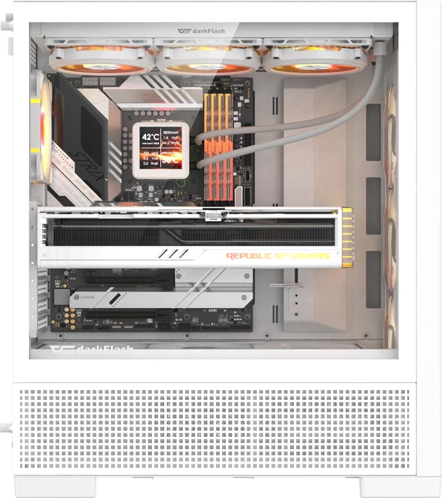 Kasë DarkFlash AIRNOVA Big Tower, mbështetje E-ATX/ATX/M-ATX/ITX, deri 420 mm radiator, USB Type-C Gen2 10 Gbps, set me 3 ventilatorë, e bardhë