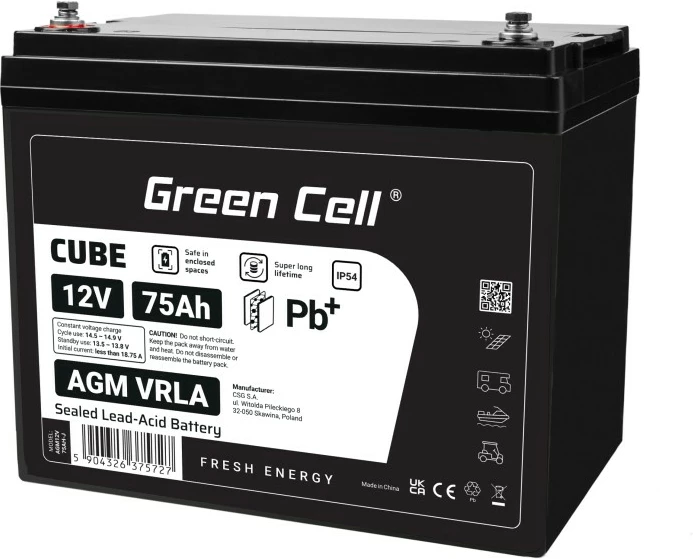 Bateri AGM VRLA Green Cell AGM12V75AH-J 12V 75Ah IP54 e zezë