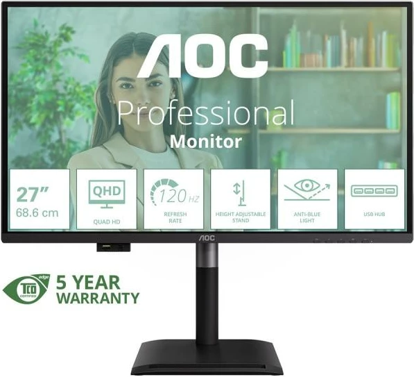 Monitor, AOC Q27P4U, 27" QHD 120 Hz, USB hub, filtër dritë blu, qëndrim me rregullim lartësie, zi