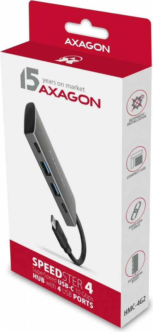 Hub USB AXAGON HMC-4G2, 4 porta (2x USB-A, 2x USB-C), USB 3.2 Gen 2, kabllo USB-C 13cm, zi/gri