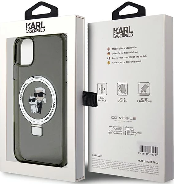 Mbështjellës Karl Lagerfeld Ring Stand Karl&Choupette MagSafe për iPhone 11/XR, e zezë