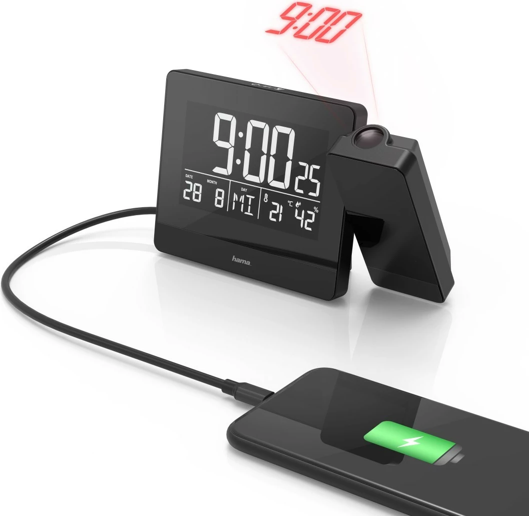 Orë alarmi digjitale Hama Plus Charge me projektor, e zezë