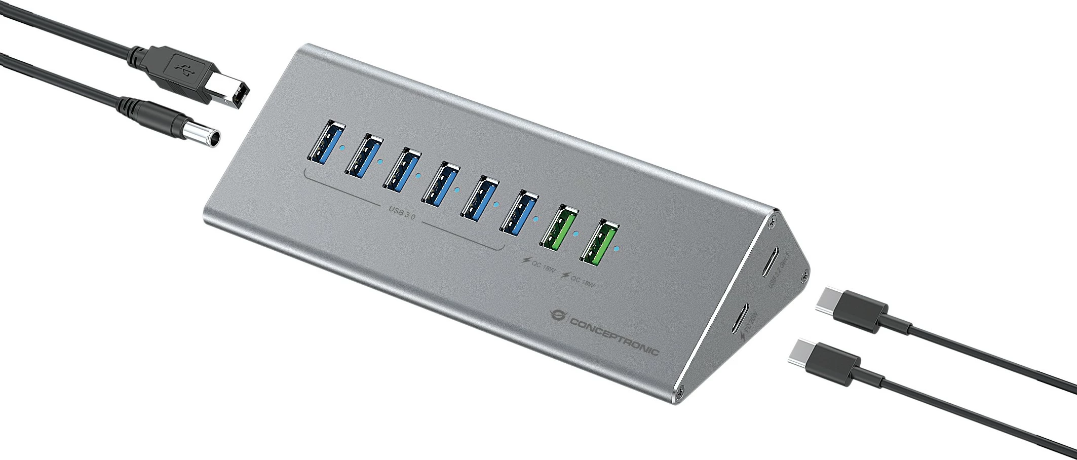USB hub Conceptronic 10-porta, USB-A 3.0/USB-C, me furnizim energjie, gri